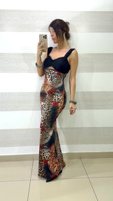 Abito Lungo Sirena Wild Rose Leopardato con Bustino in Pizzo
