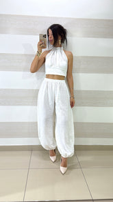 Coordinato Britney Pantaloni Balloon e Top Scollo Americano Effetto Lino