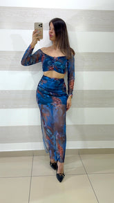 Coordinato Arleen Gonna e Top in Tulle Fantasia Astratta Blu