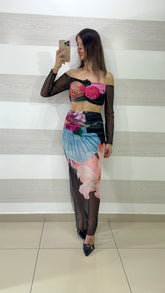 Coordinato Arleen Gonna e Top in Tulle Stampa Flowers Tropical Nero