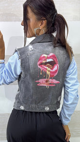 Gilet Jeans Fanny con Stampa Bocca 3D