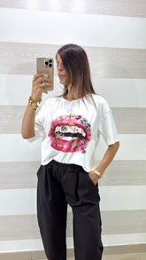 T-shirt Amber Oversize con Stampa Bocca