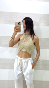 Top Crop Bess Traforato in Filo e Lurex Oro