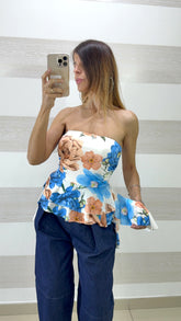 Top Ursula a Fascia con Balza Asimmetrica Flowers