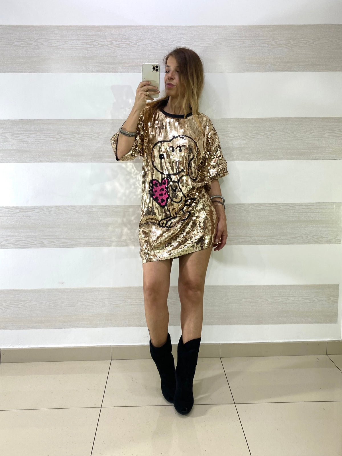 Abitino o Maxi Maglia Nausica Oro con Snoopy