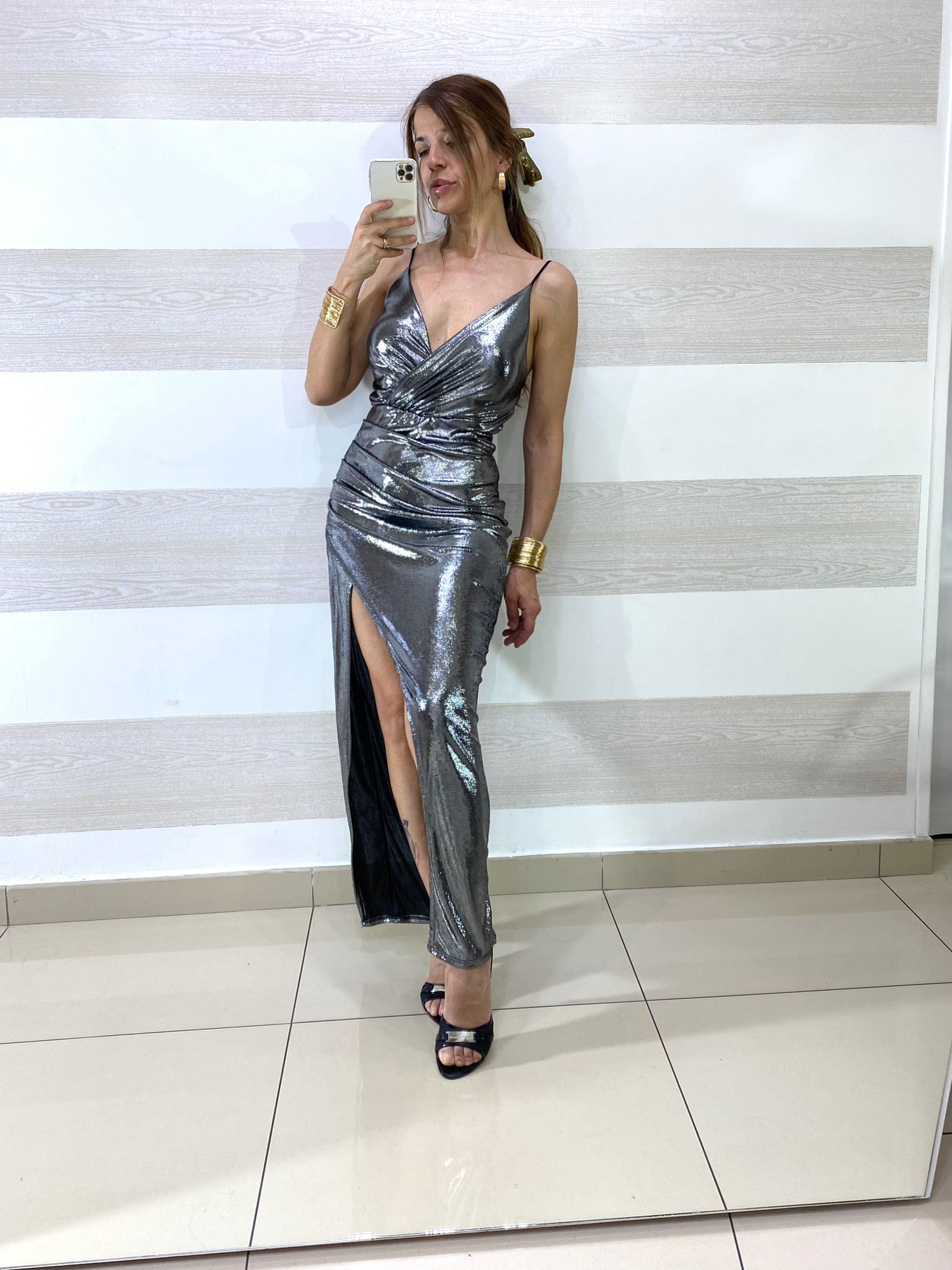 Abito Mariapia Metallic con Spacco e Coppe