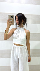 Coordinato Britney Pantaloni Balloon e Top Scollo Americano Effetto Lino