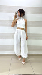 Coordinato Britney Pantaloni Balloon e Top Scollo Americano Effetto Lino