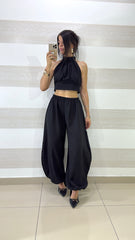 Coordinato Britney Pantaloni Balloon e Top Scollo Americano Effetto Lino