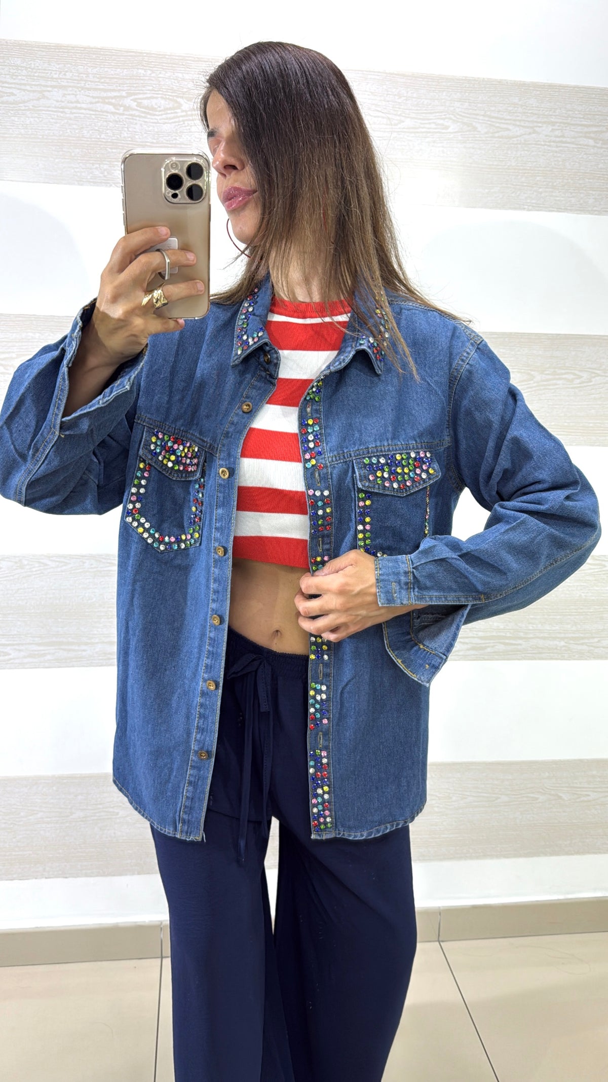 Camicia Beryl in Denim Overshirt con Strass Multicolor
