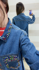 Camicia Beryl in Denim Overshirt con Strass Multicolor