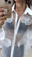 Camicia Clarissa Tipo Organza con Applicazioni Fiori