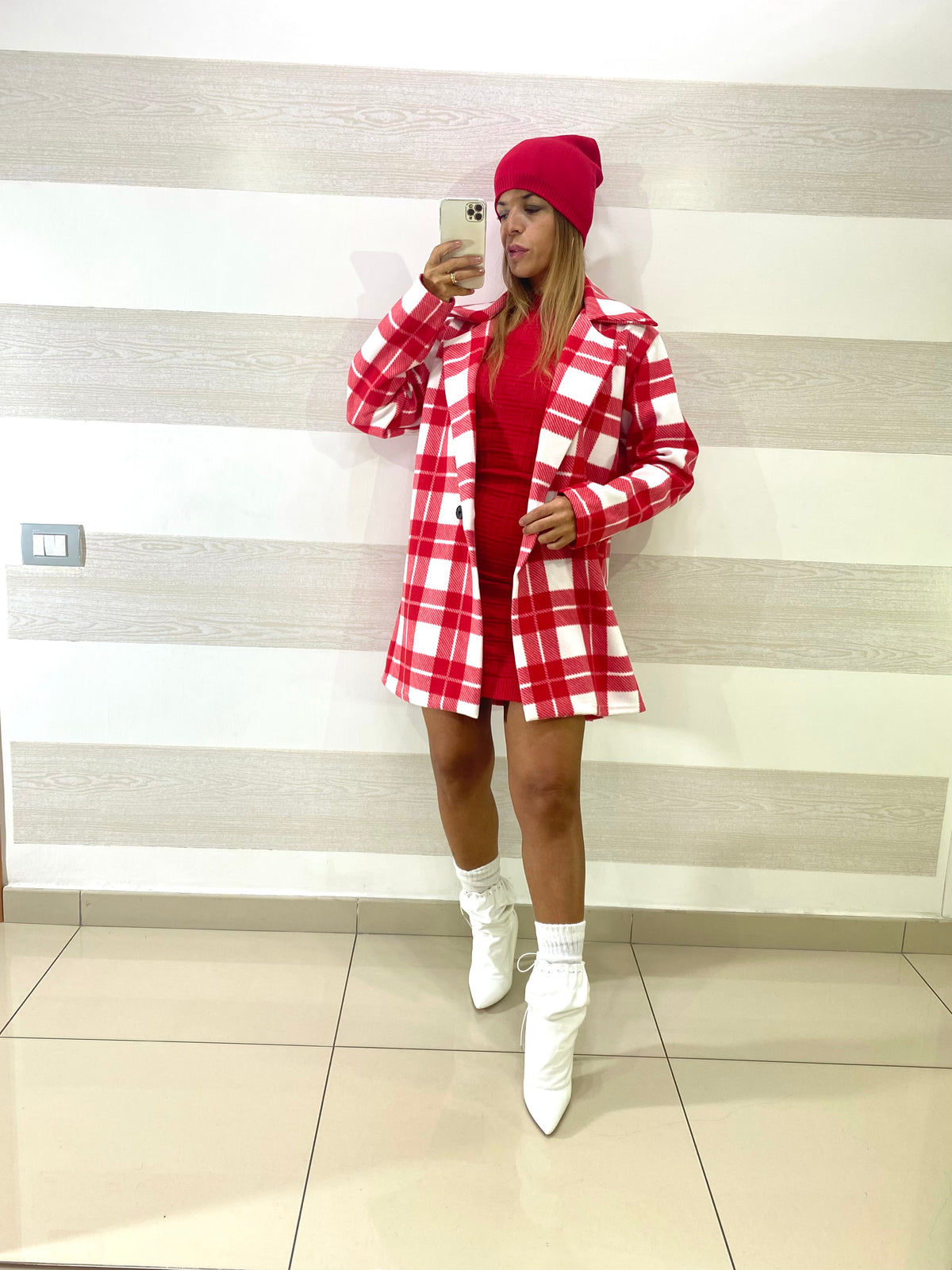 Cappotto Mae in Panno a Quadroni Bianchi