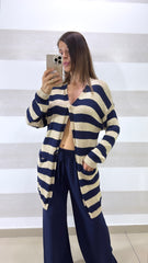 Cardigan Bettina a Fasce Blu e Platino con Lurex