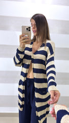 Cardigan Bettina a Fasce Blu e Platino con Lurex