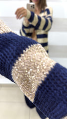 Cardigan Bettina a Fasce Blu e Platino con Lurex