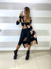 Cardigan Dixie Lungo a Fasce Cuoio e Nero