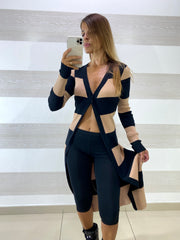 Cardigan Dixie Lungo a Fasce Cuoio e Nero