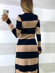 Cardigan Dixie Lungo a Fasce Cuoio e Nero