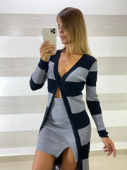 Cardigan Dixie Lungo a Fasce Grigio e Nero