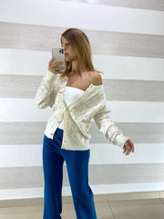 Cardigan Stacee a Quadroni in Lurex e Perline