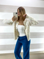 Cardigan Stacee a Quadroni in Lurex e Perline