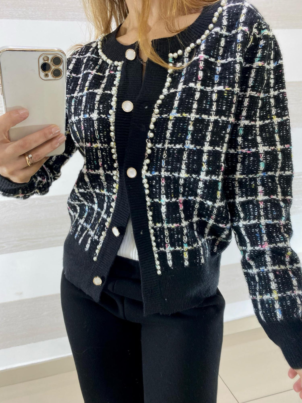 Cardigan Stacee a Quadroni in Lurex e Perline