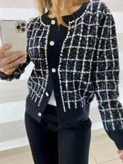 Cardigan Stacee a Quadroni in Lurex e Perline