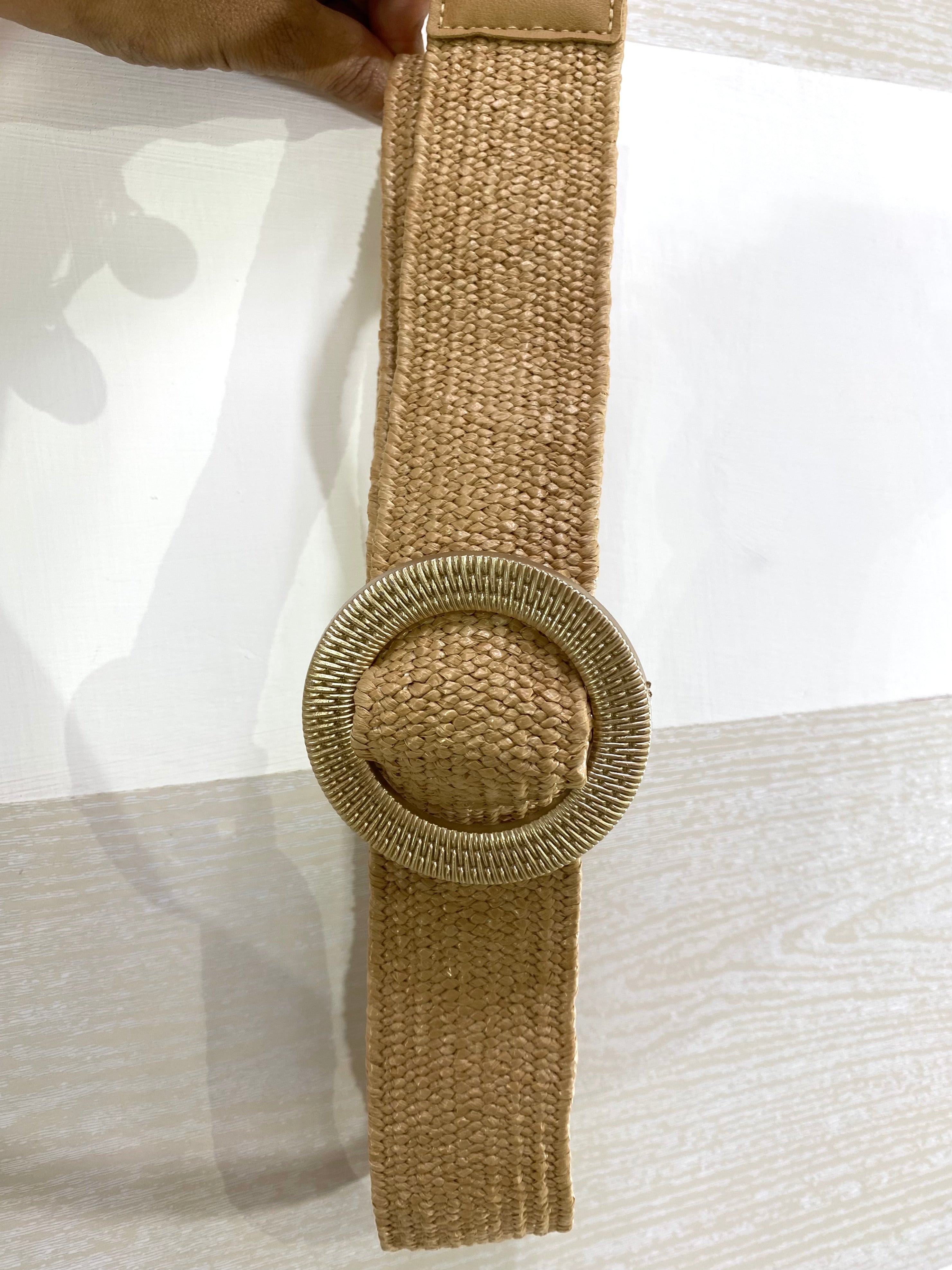 Cintura Ylenia Elastica tipo Rafia Beige con Fibbia Platino