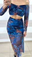 Coordinato Arleen Gonna e Top in Tulle Fantasia Astratta Blu