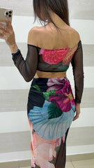 Coordinato Arleen Gonna e Top in Tulle Stampa Flowers Tropical Nero