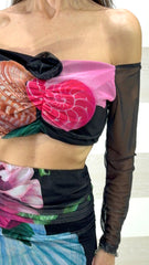 Coordinato Arleen Gonna e Top in Tulle Stampa Flowers Tropical Nero