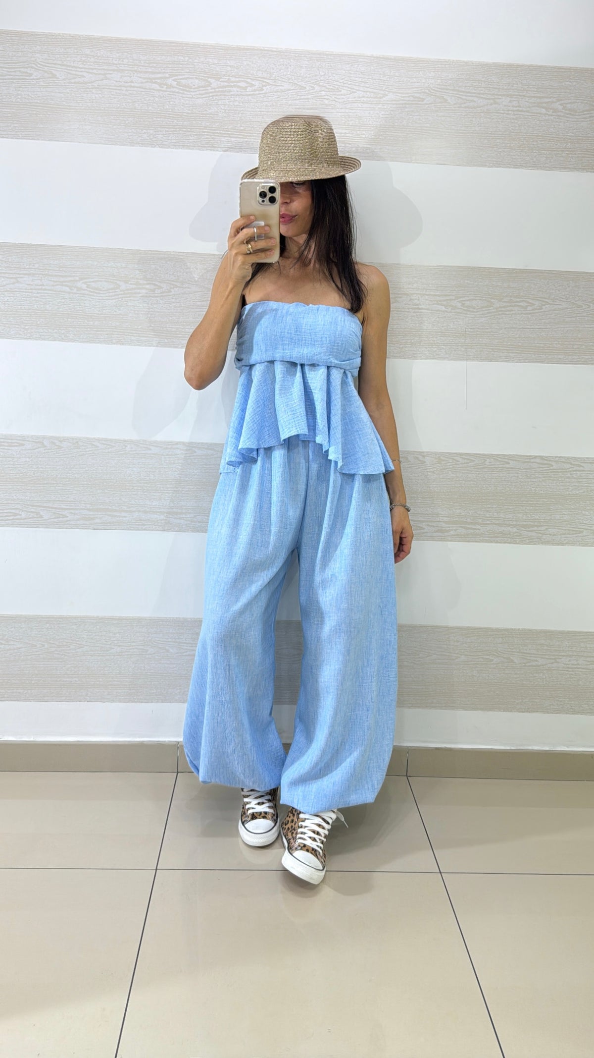 Coordinato Bonita Pantaloni Balloon e Top Svasato Effetto Lino