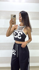 Coordinato Carla Pantaloni e Top Leopardati con Bande Bianche