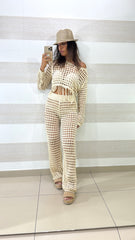 Coordinato Cassia1 Crochet Traforato Pantaloni e Maglia Frange