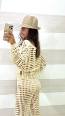Coordinato Cassia1 Crochet Traforato Pantaloni e Maglia Frange