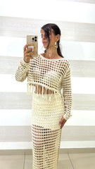 Coordinato Cassia Crochet Traforato Gonna e Maglia Frange