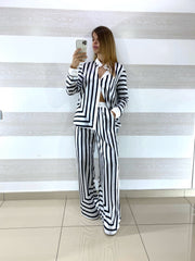Coordinato Dolores Satin PantaPalazzo e Camicia a Righe