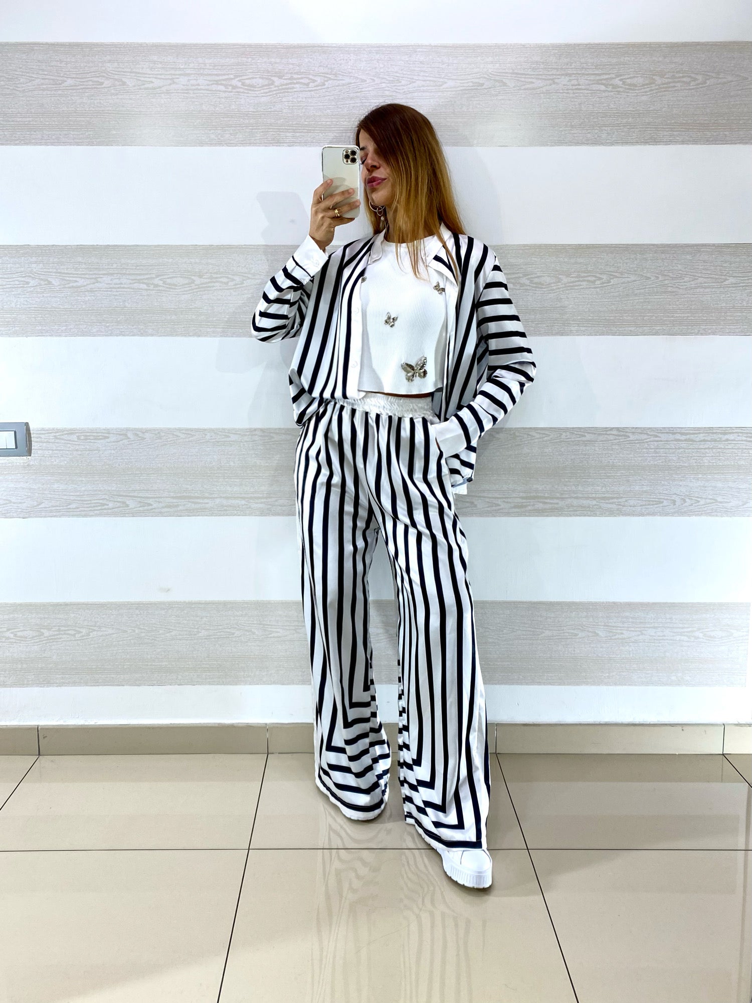 Coordinato Dolores Satin PantaPalazzo e Camicia a Righe