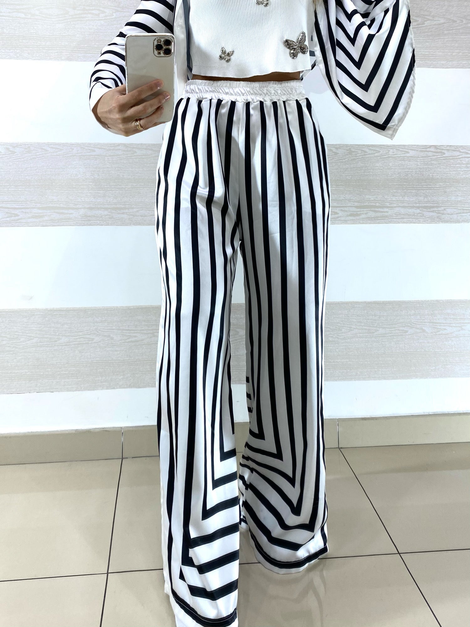 Coordinato Dolores Satin PantaPalazzo e Camicia a Righe