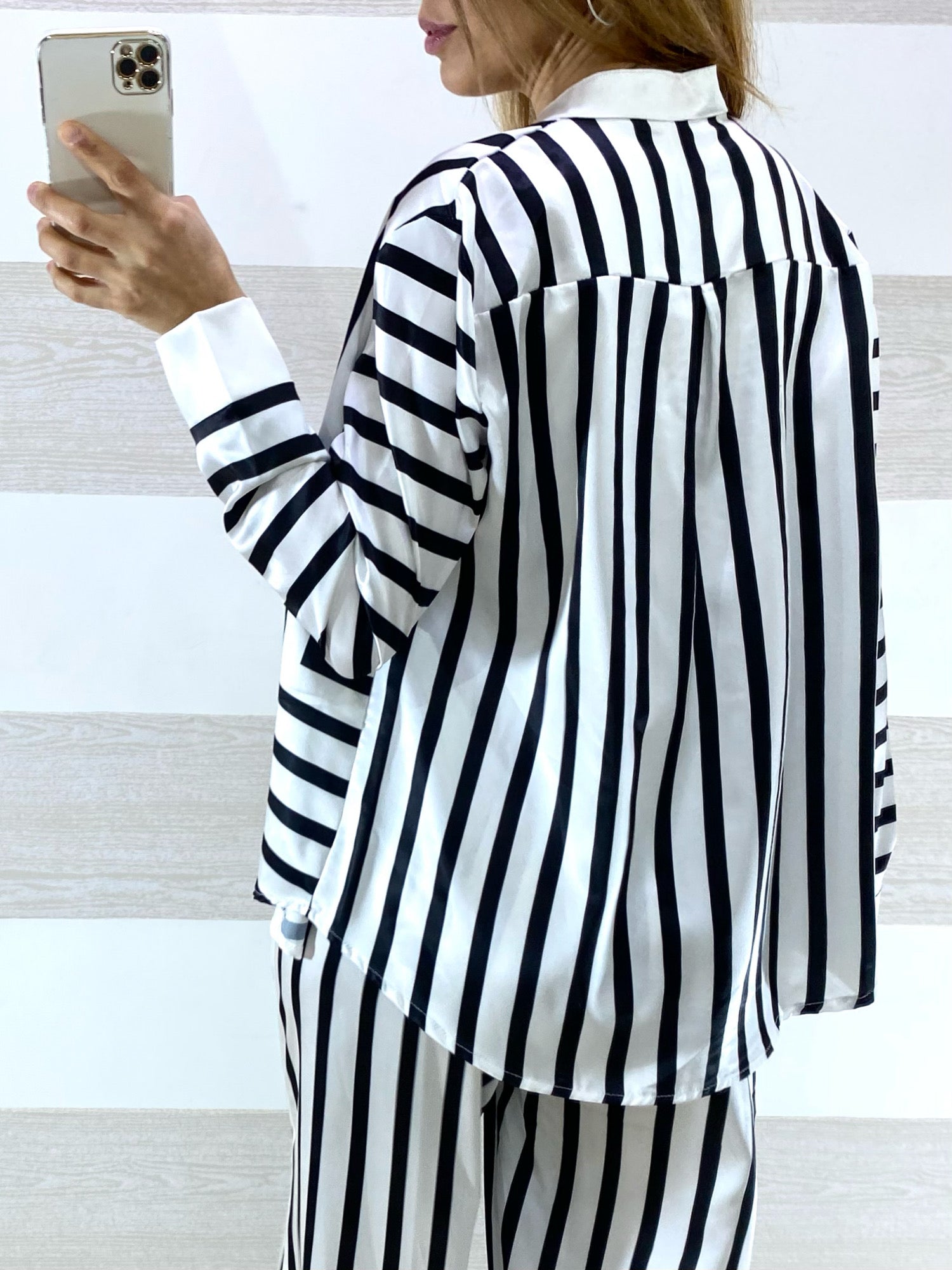 Coordinato Dolores Satin PantaPalazzo e Camicia a Righe