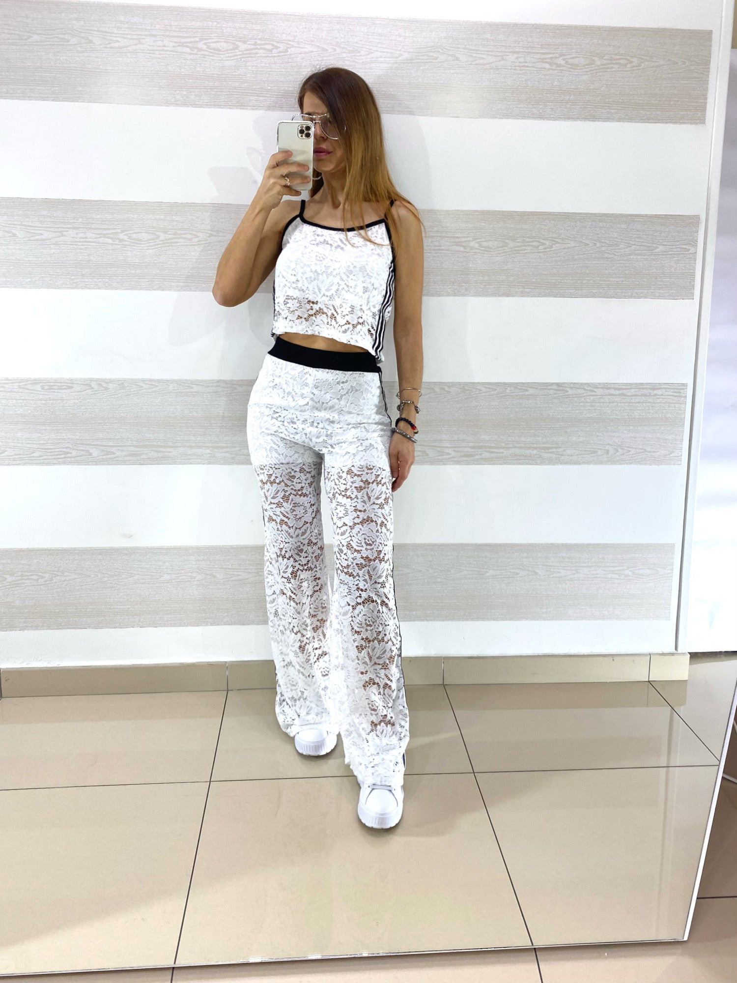 Coordinato Jasmine in Pizzo PantaPalazzo e Top con Bande Laterali