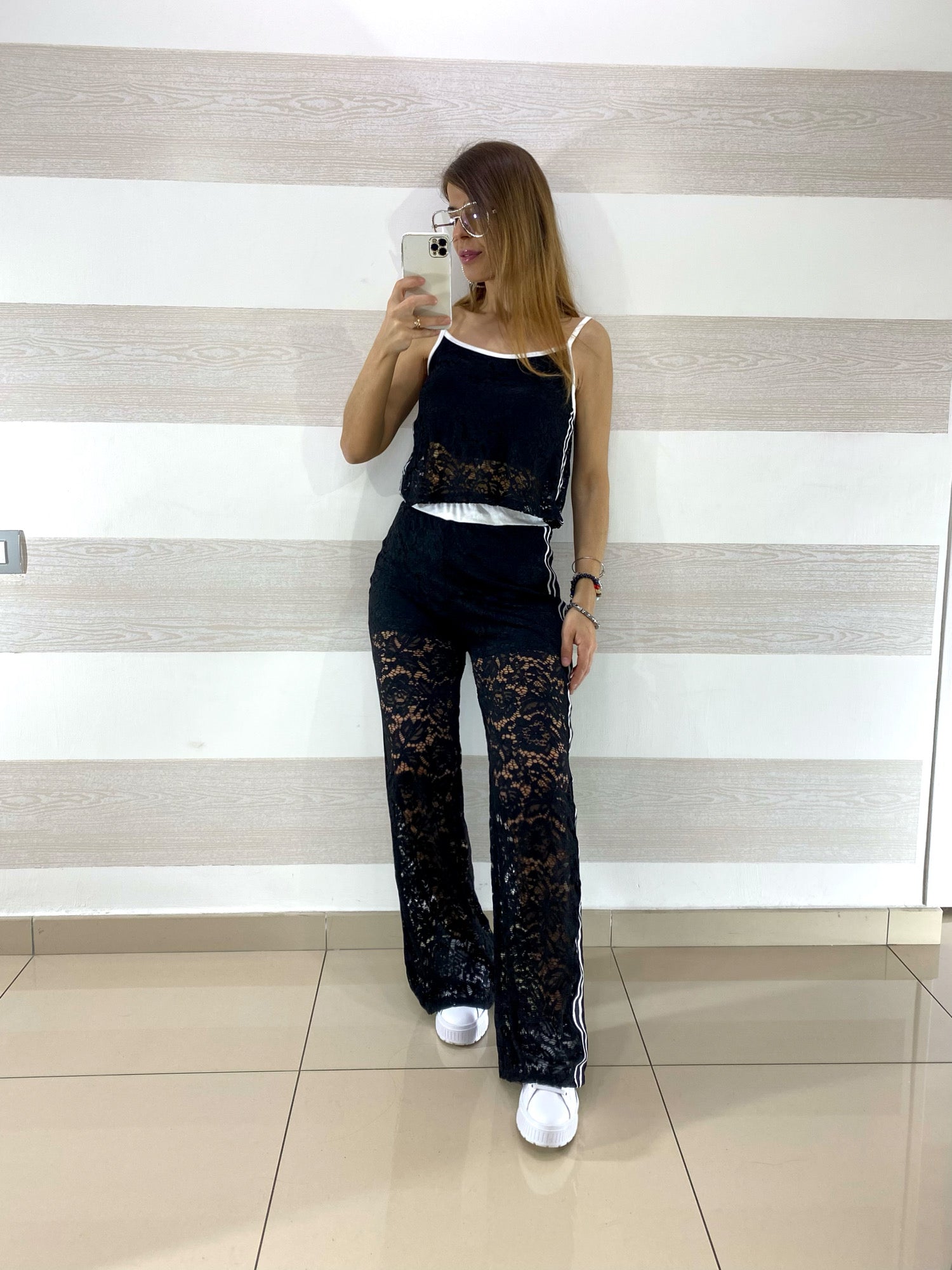 Coordinato Jasmine in Pizzo PantaPalazzo e Top con Bande Laterali