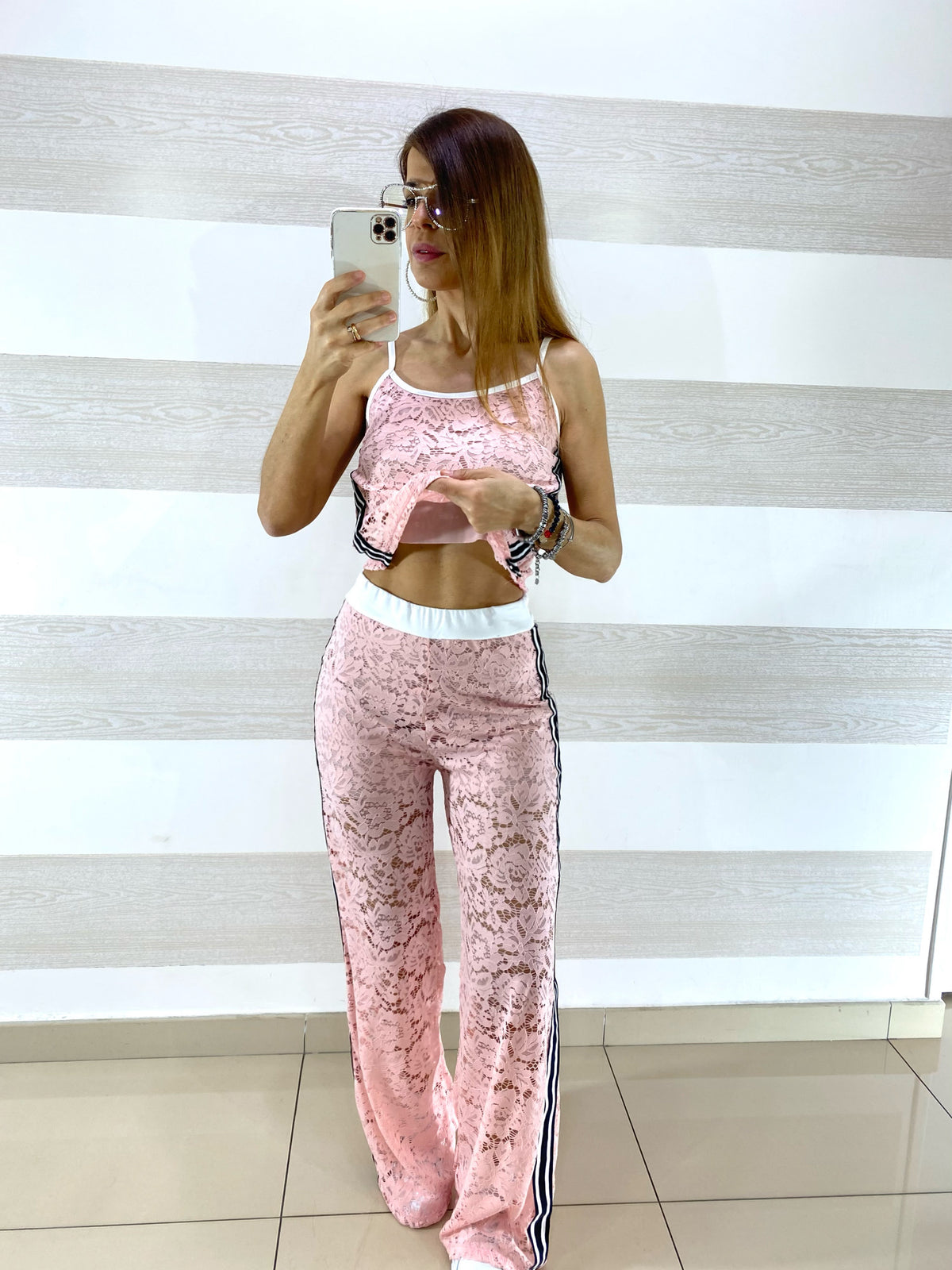Coordinato Jasmine in Pizzo PantaPalazzo e Top con Bande Laterali
