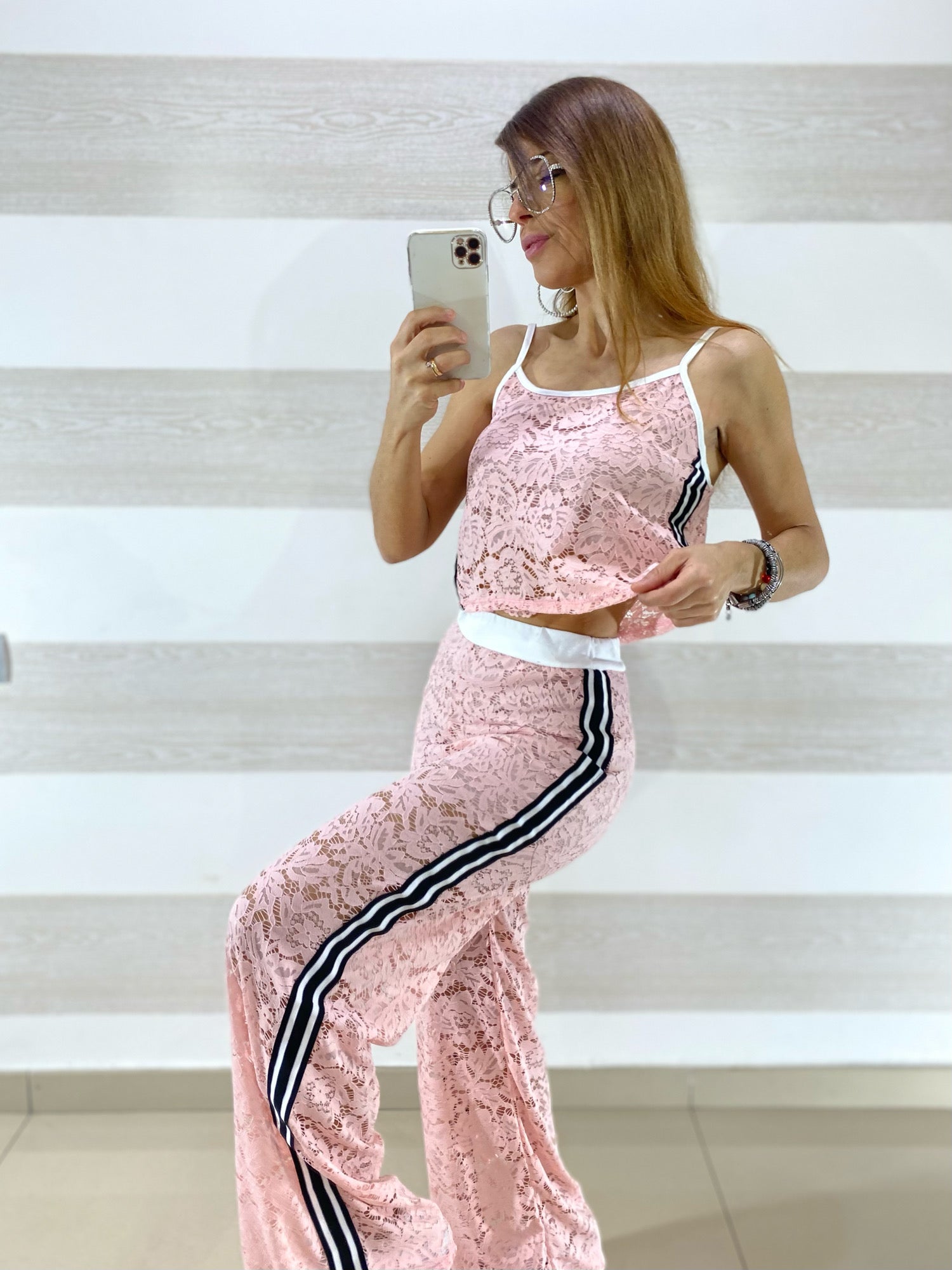Coordinato Jasmine in Pizzo PantaPalazzo e Top con Bande Laterali