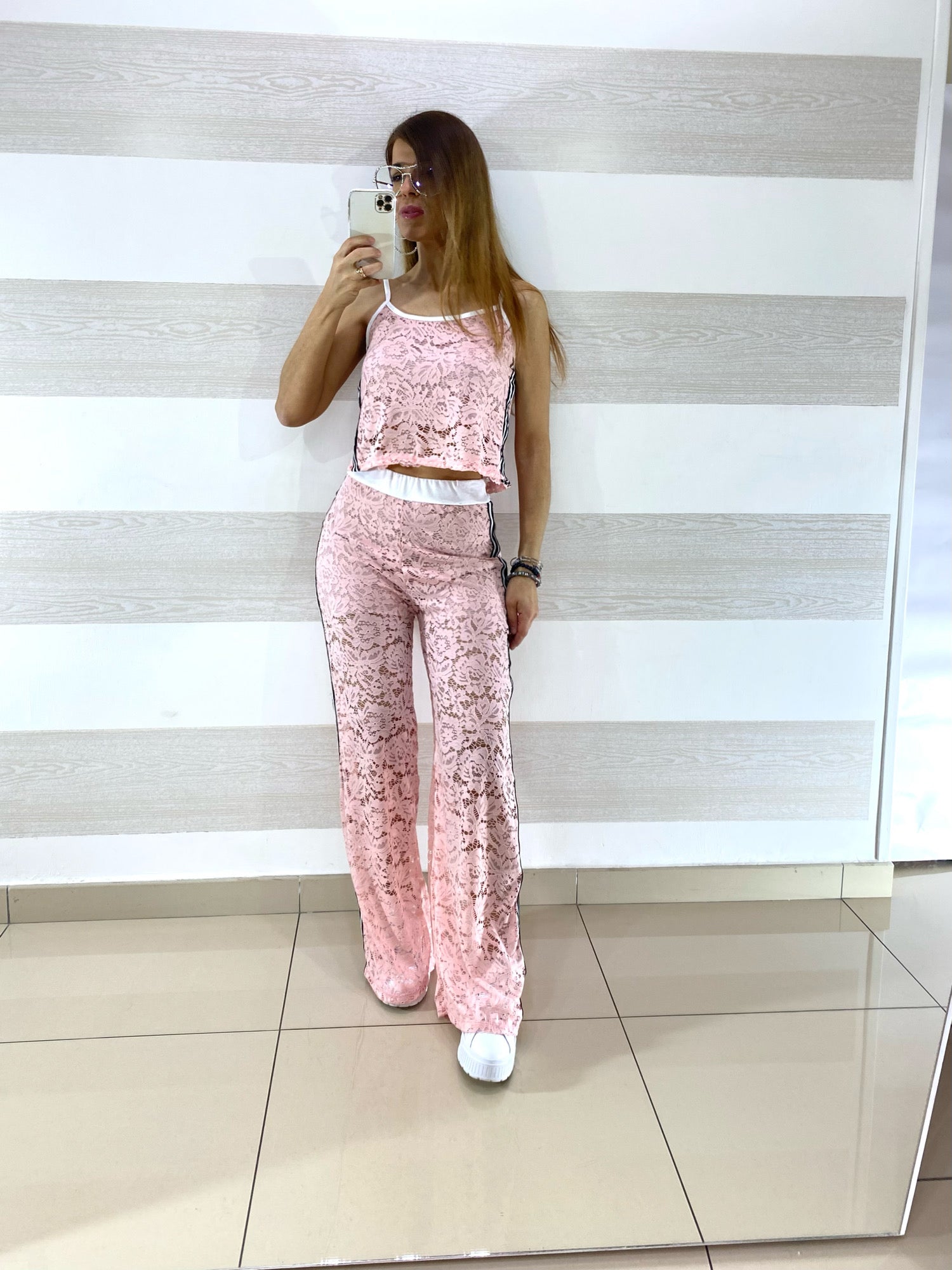 Coordinato Jasmine in Pizzo PantaPalazzo e Top con Bande Laterali