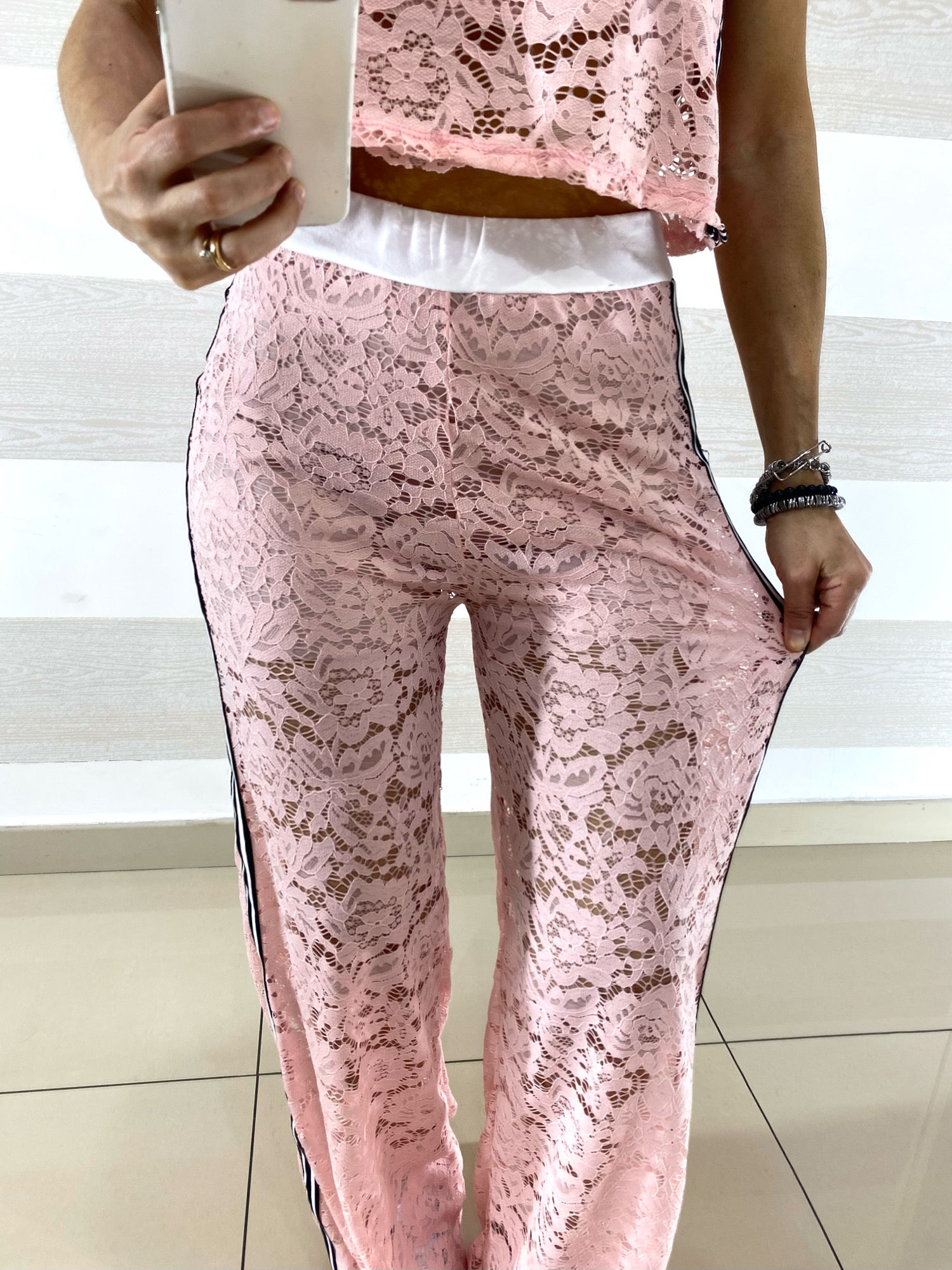 Coordinato Jasmine in Pizzo PantaPalazzo e Top con Bande Laterali