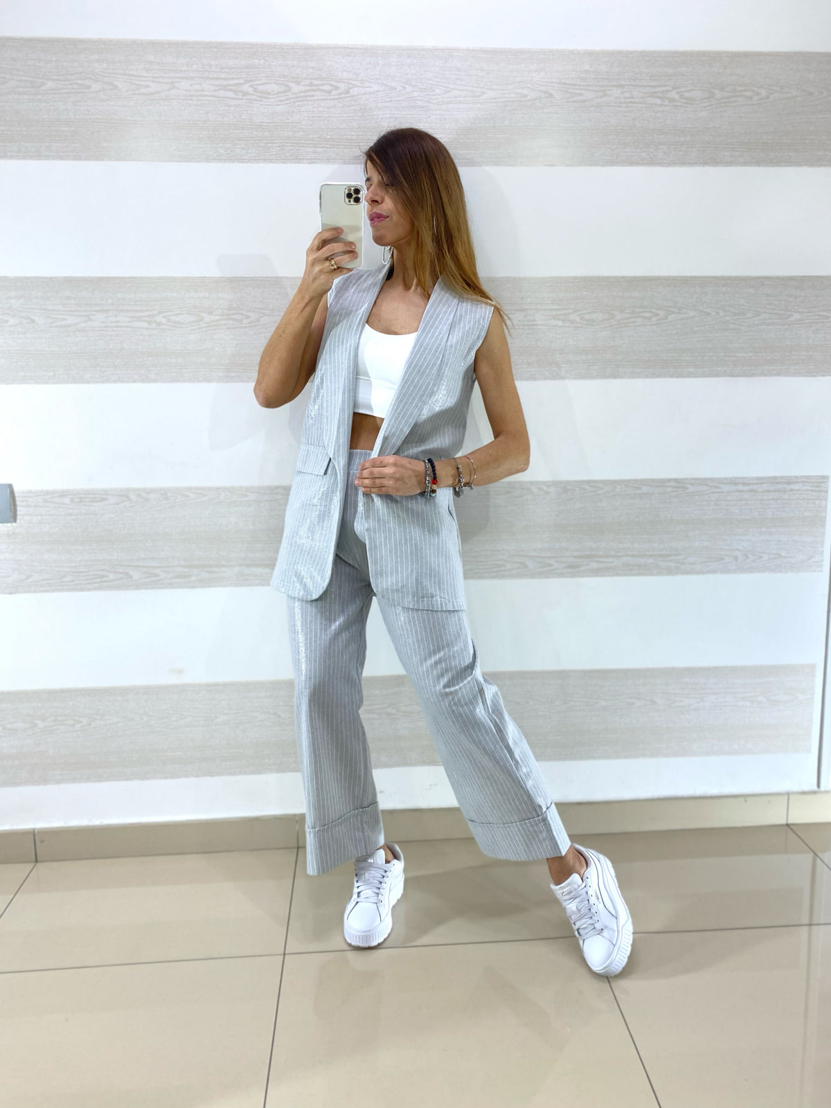 Coordinato Julia Cangiante Gessato PantaPalazzo e Gilet