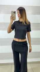 Coordinato Malina PantaPalazzo e Shirt Crop con Pizzo