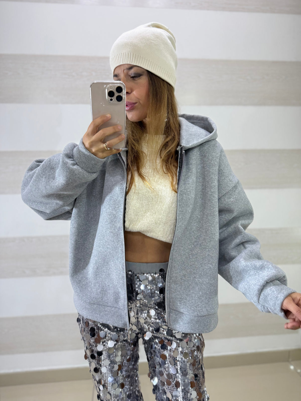 Felpa Dolly Garzata con Zip e Cappuccio Grigia